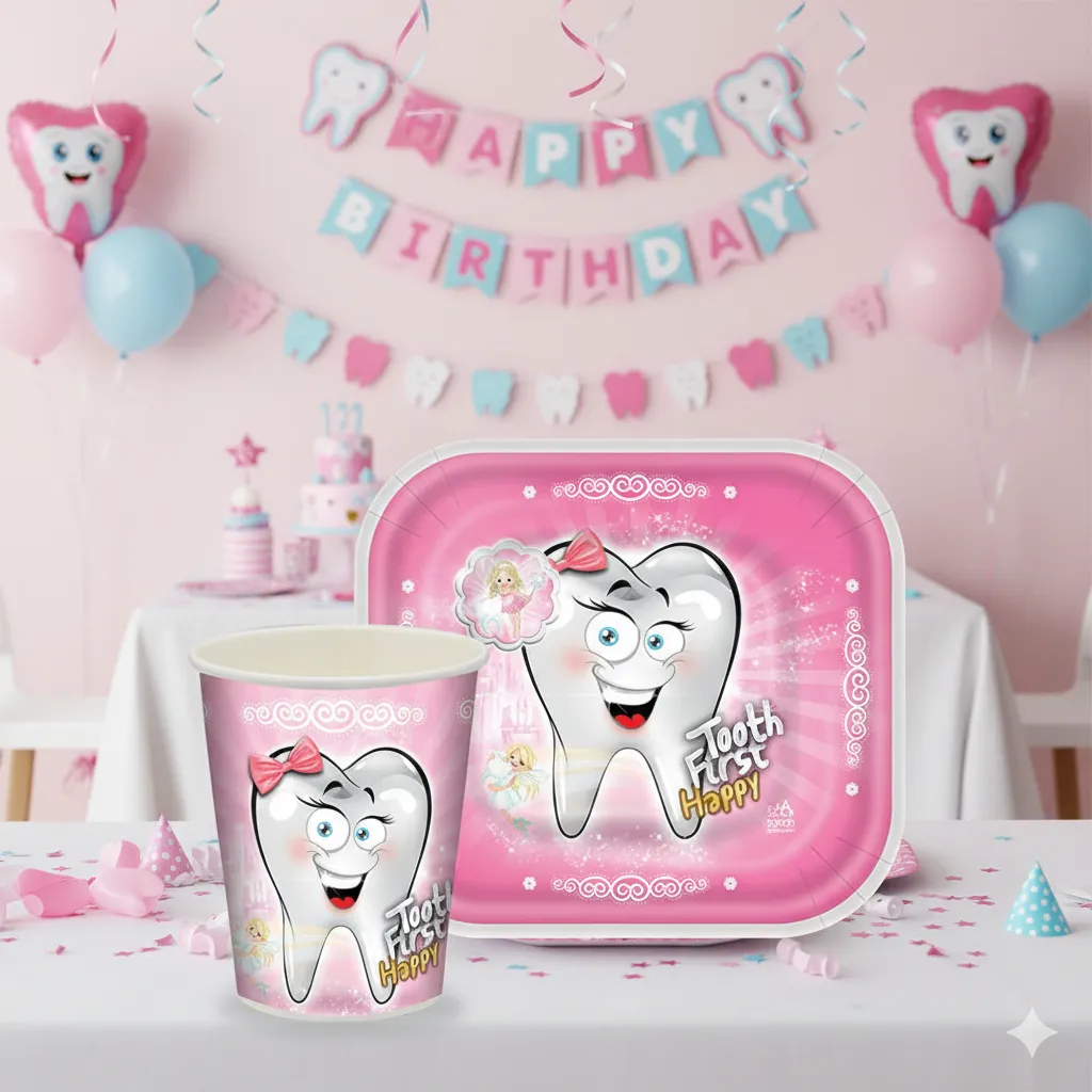 بشقاب و لیوان تم جشن دندونی دختر