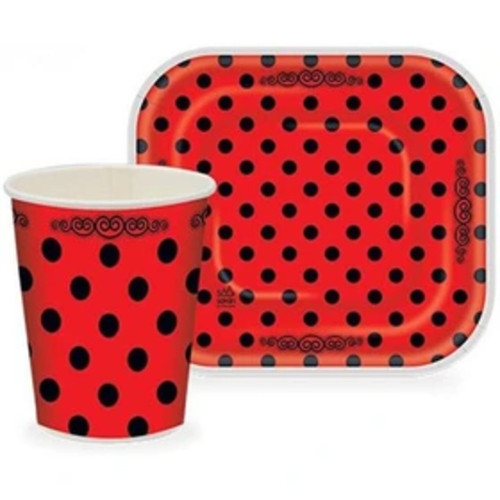 بشقاب و لیوان قرمز خالدار مشکی 10عددی