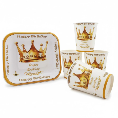 بشقاب و لیوان تم تولد تاج سفید